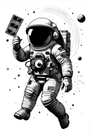 astronaut floating, with camera and film, and space scene tattoo design idea