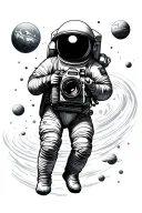 astronaut floating, with camera and film, and space scene tattoo design idea