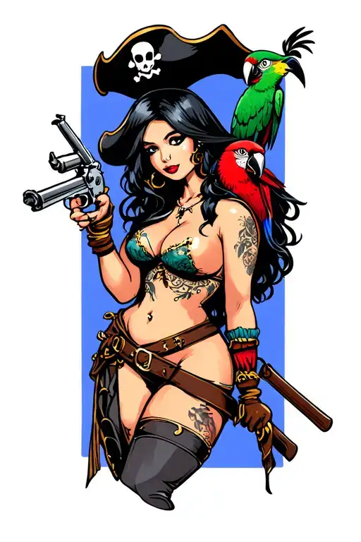 sexy pirate pin-up girl, large breasts, black hair, with parrot on her shoulder, holding a flintlock pistol  tattoo design idea