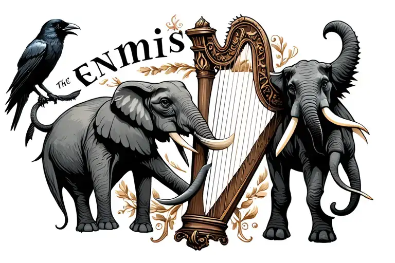 The name ennis with a crow, a harp, and an elephant tattoo design idea