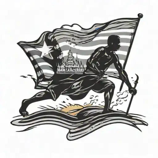 A silhouette of a person doing a bad thing in front of a Cambodian flag waving on a beach tattoo design idea
