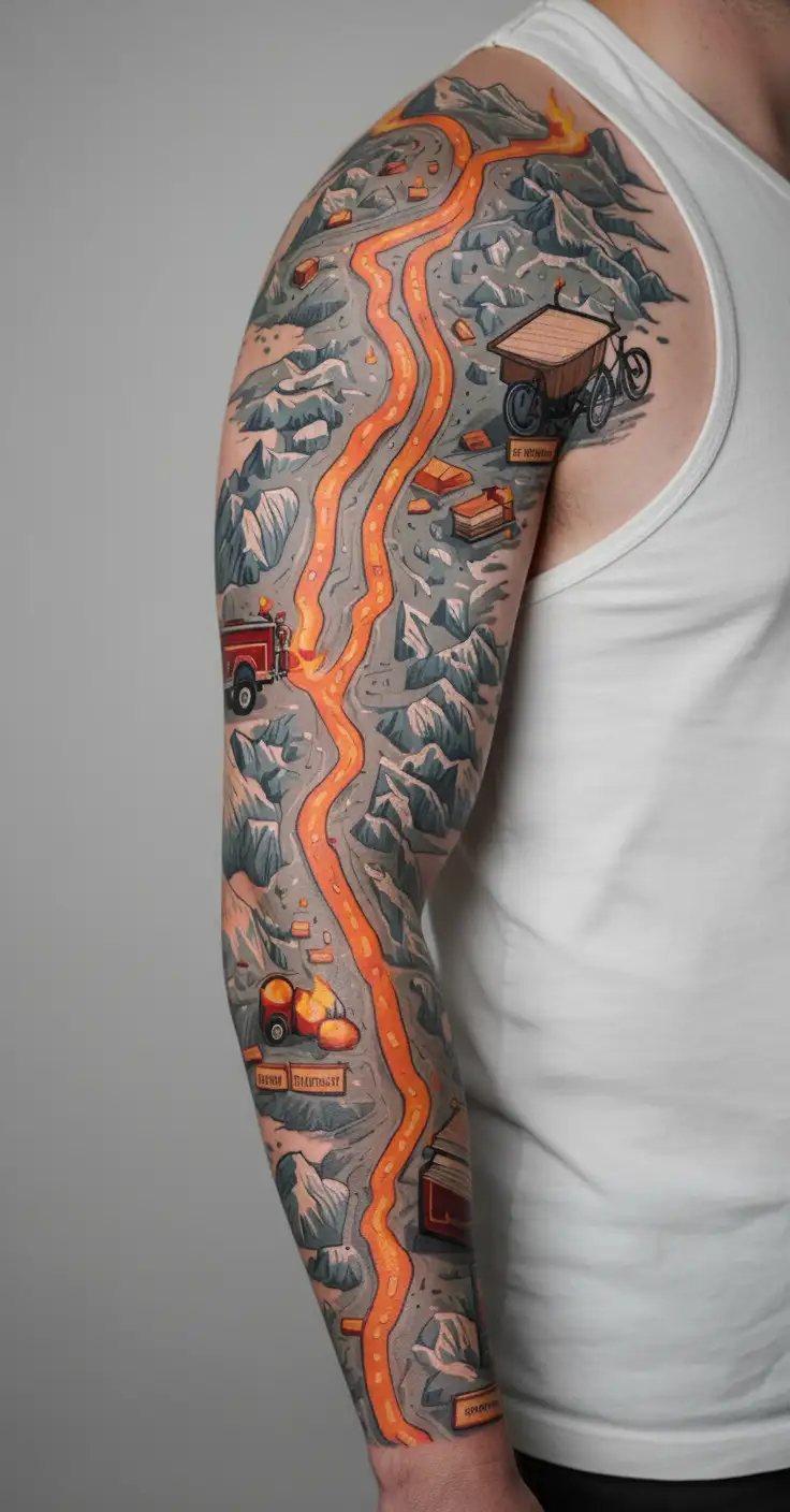 map with landmarks with road, mountains, trex fire truck, mountain bike drum set, cassette tape, book on fire, tattoo design idea