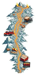 map with landmarks with road, mountains, trex fire truck, mountain bike drum set, cassette tape, book on fire, tattoo design idea