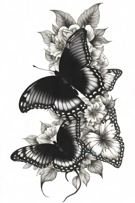 black and white flowers with two colorful butterflies tattoo design idea