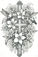daffodil narcissus calendula carnation flowers intertwined with a cross and three black doves tattoo design idea