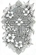 daffodil narcissus calendula carnation flowers intertwined with a cross and three black doves tattoo design idea