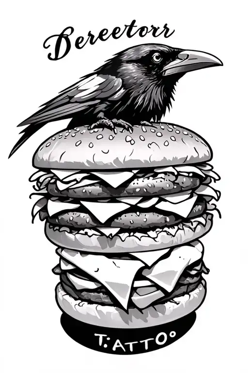 Raven with a cheeseburger tattoo design idea