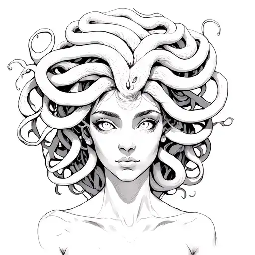 Fineline Medusa with white eyes. Not all her hair should be snakes there should be some normal hair . Behind the Medusa  tattoo design idea