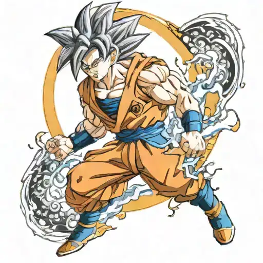 goku ultra instinct and moon surrounded tattoo design idea