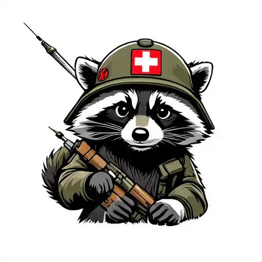 raccoon in the military holding a needle while wearing a Red Cross helmet  tattoo design idea