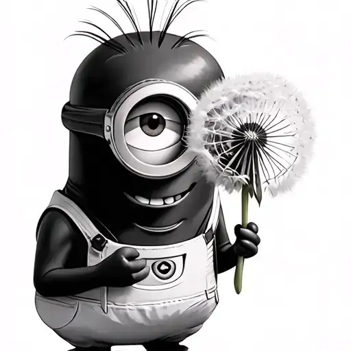 happy minion hold a small dandelion and lotus flower tattoo design idea