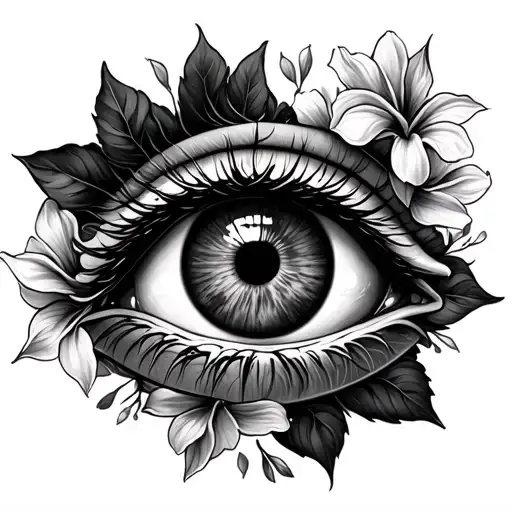 half tiger eye half human eye with nicotiana flowers surrounding it tattoo design idea