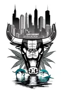 "LLMYGRANNY 1/16/65, 9/9/24 " 1. basketball Chicago bulls on one side ,Chicago cubs other weed ,City Skyline in Chicago , dolphins in water under city tattoo design idea