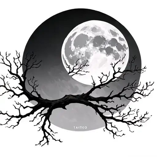 leafless tree with moon rising tattoo design idea