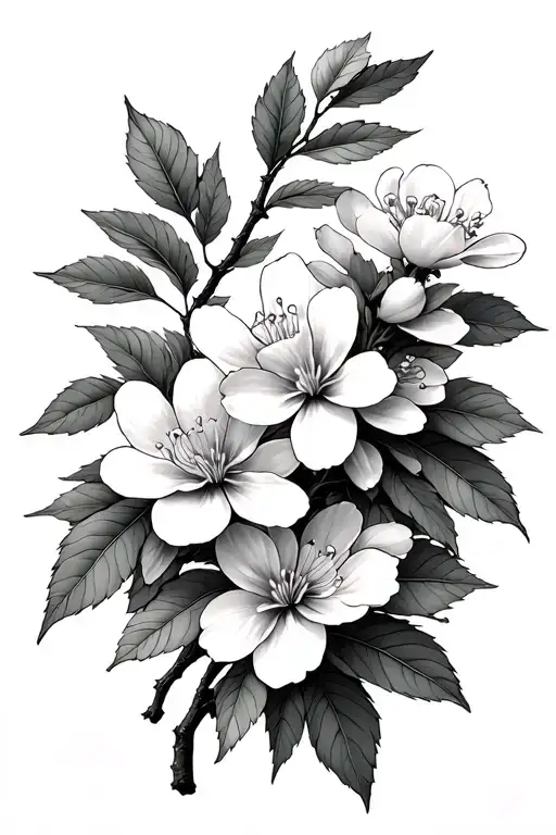 A twig with leaves and flowers sakura tattoo design idea