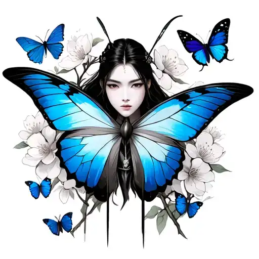 Japanese cherry blossom blue butterflies and a warrior tattoo design idea