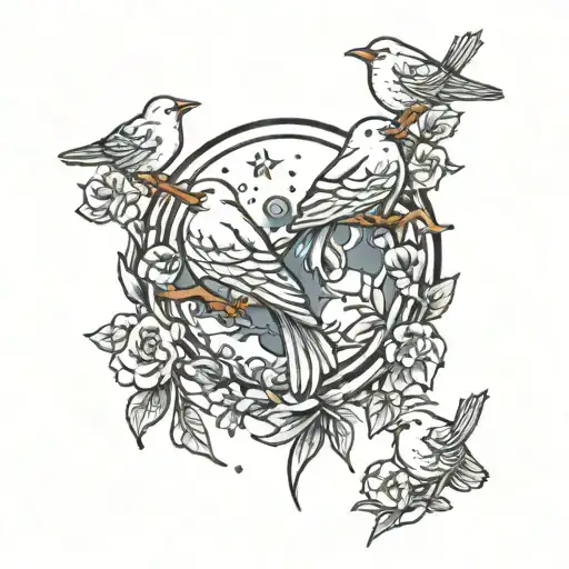 moon with three little birds  tattoo design idea