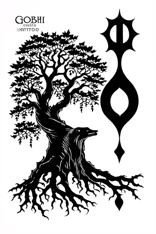 bodhi tree silhouette + druid symbol tattoo design idea