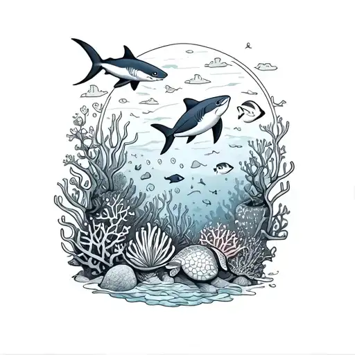 coral reef with sharks, turtles, sting rays, fish, and many types or corals in a form of a coloring book for my forearm tattoo design idea