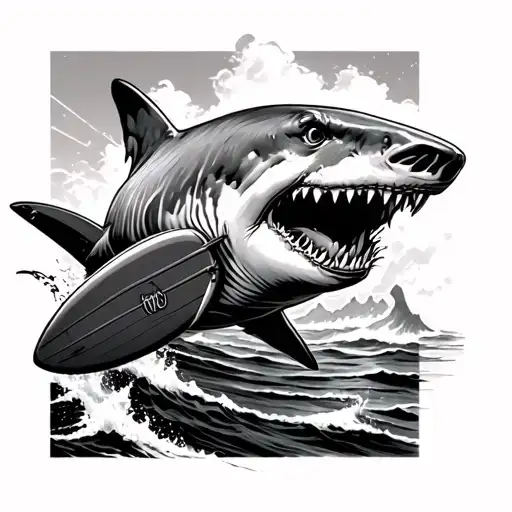 Great white shark with surfboard in mouth tattoo design idea