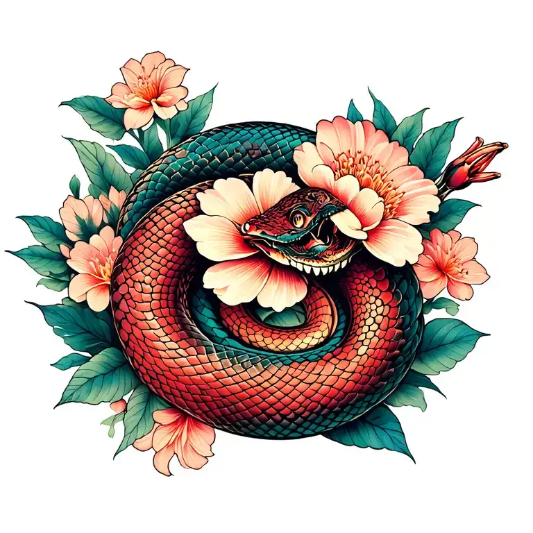 flower and snake wrapped tattoo design idea