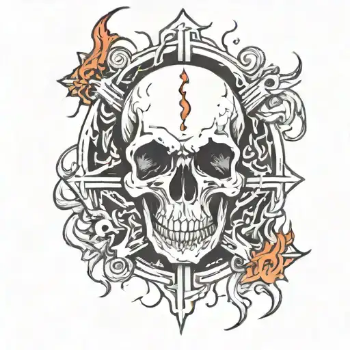 A Skull dripping blood surrounded by flames and crosses  tattoo design idea