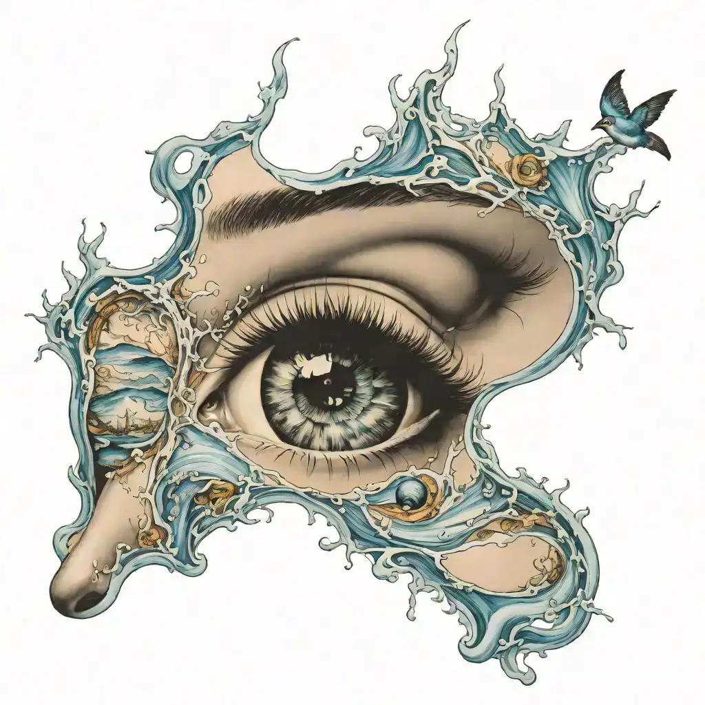 Picture of surrealistic water flowing from eyes and nature by salvador dali, highly detailed, intricate, cinematic, dreamy, surrealism tattoo tattoo design idea