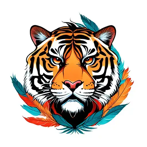 A tiger head surrounded by feather tattoo design idea