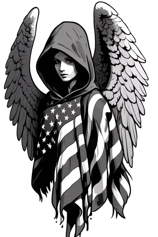 hooded angel with American flag incorporated tattoo design idea