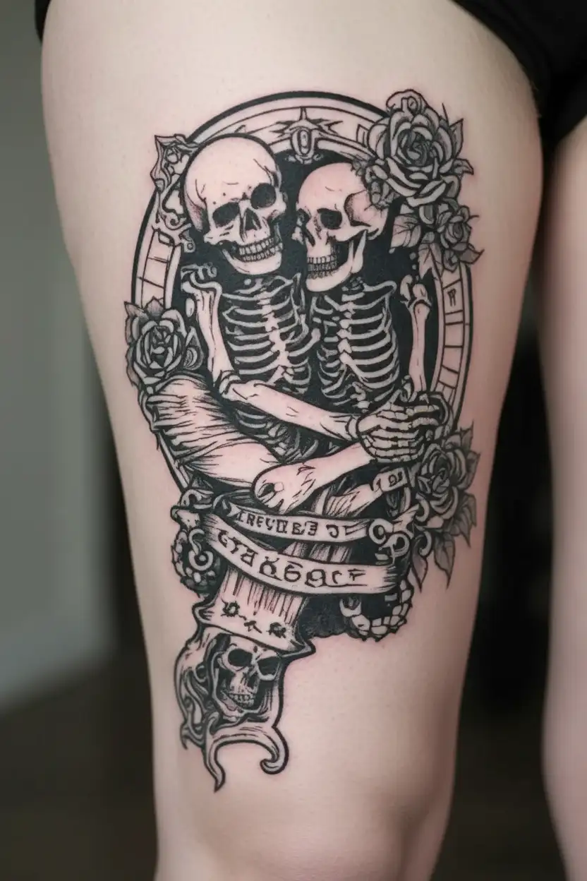 Gothic style tattoo of a hand holding a tarot card with hugging skeletons tattoo design idea