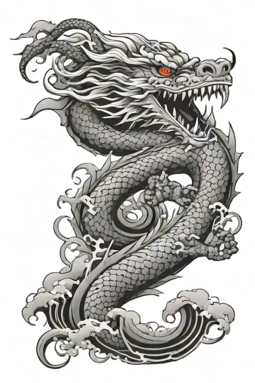 Detailed scales Japanese dragon rising out traditional lots of Japanese waves and weaving between lots of spiral clouds  tattoo design idea
