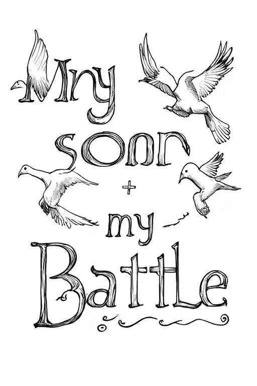 sentence "my son, my battle", cross, dove that fly away tattoo design idea