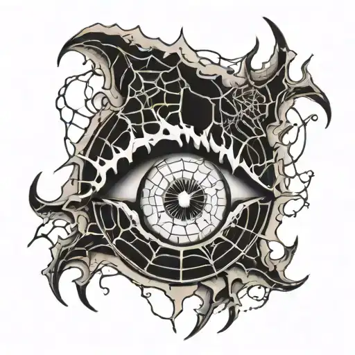 black white tattoo near elbow, lightning in shape of spiderweb that has a eye in the middle with two pupils that are mel tattoo design idea