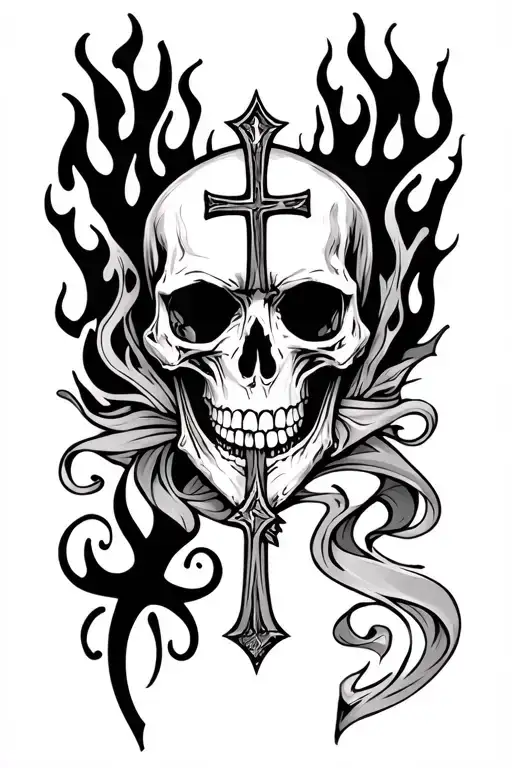 skull and cross and flames right arm sleeve tattoo design idea