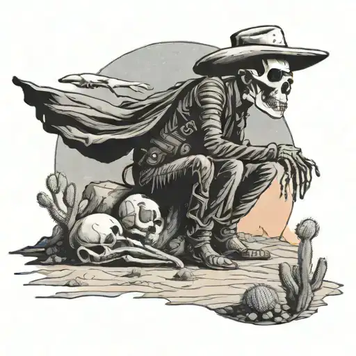 Dead skeleton space cowboy sitting against an alien catcus in a foreign desert lanscape at sunset tattoo design idea