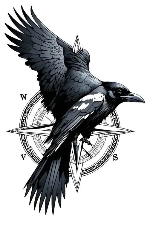 Raven and a nordic compass rose intertwined tattoo design idea