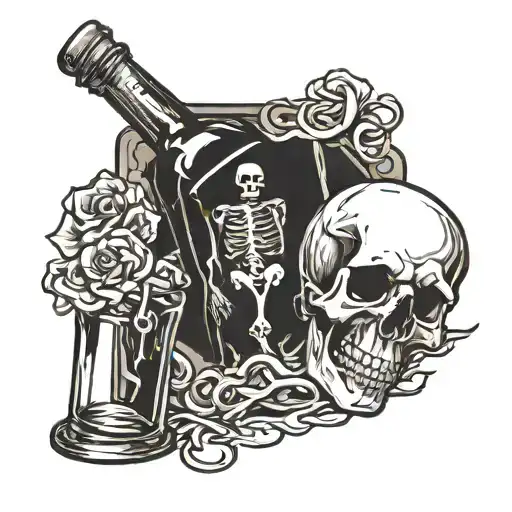 scary skeleton ascending into a bottle of alcohol  tattoo design idea