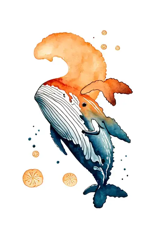 humpback whale with sand dollars and water waves tattoo design idea