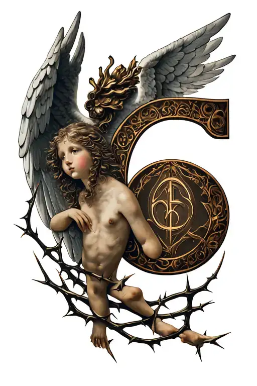 Number 6 surrounded by thorns with an angel tattoo design idea