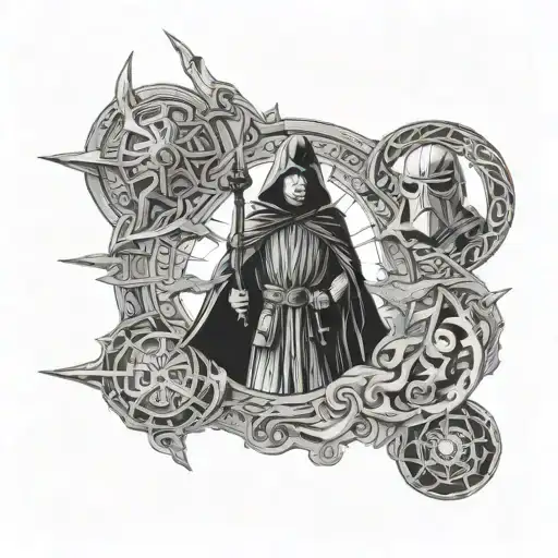 lord of the rings mixed with starwars in a Nordic style tattoo design idea