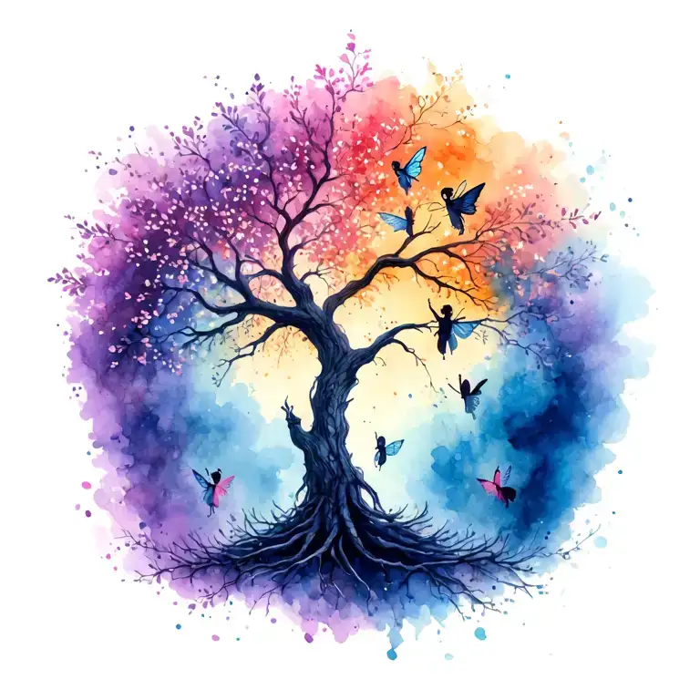 tree of life with fairies and mythical beings on it tattoo design idea