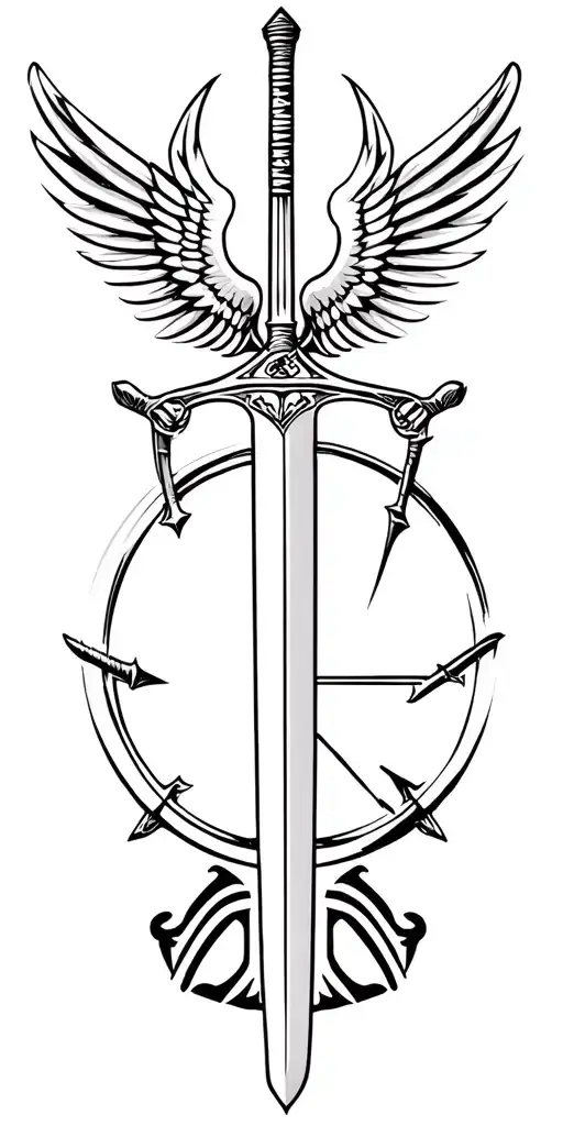 Nemesis sword symbol with Epee, Libra, wheel, wings tattoo design idea