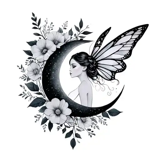 Fairy and floral with moonphase  tattoo design idea