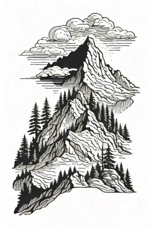mountain, alpine forest and a person waiting in the hope to meet his lost love again and write "TENNIE" in English tattoo design idea