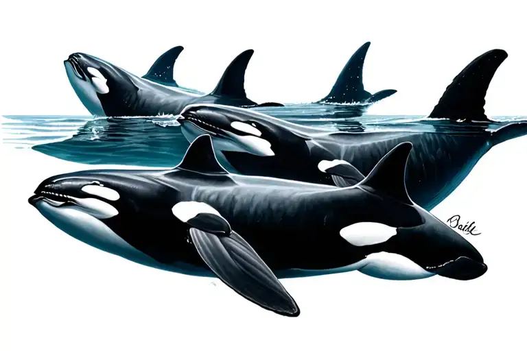 five orca whales swimming tattoo design idea