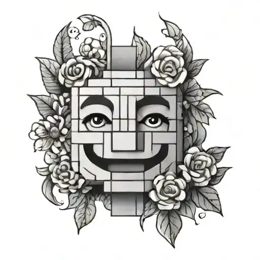 A whimsical design of a smiling face made out of colorful lego bricks, surrounded by a garden of flowers tattoo design idea