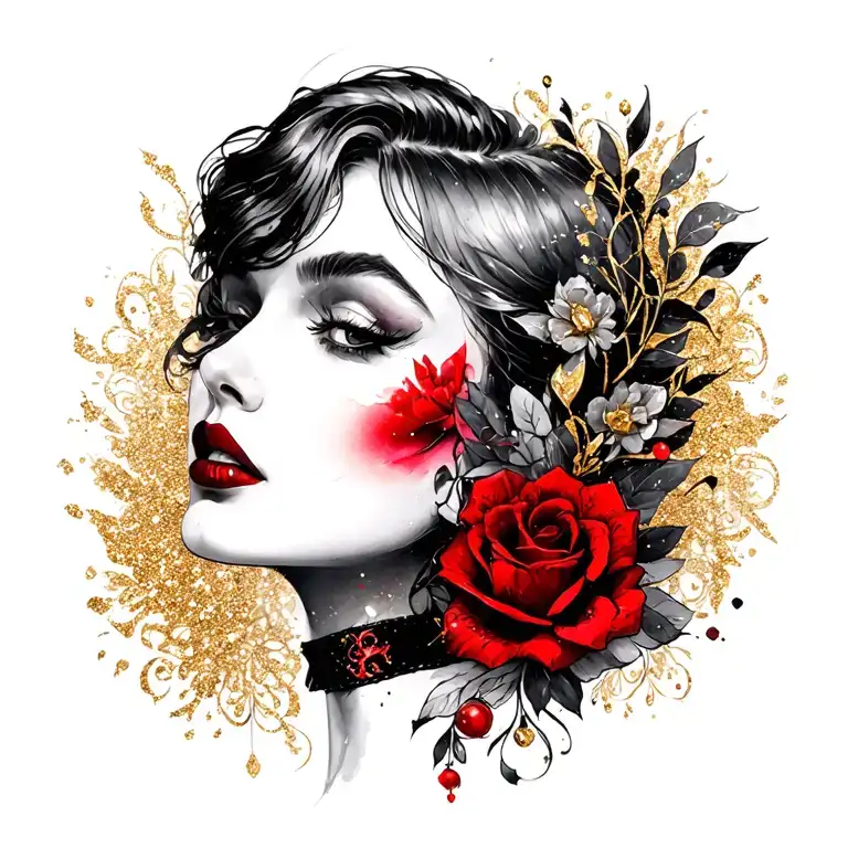  black and red with gold glitter dainty womens neck choker tattoo design idea