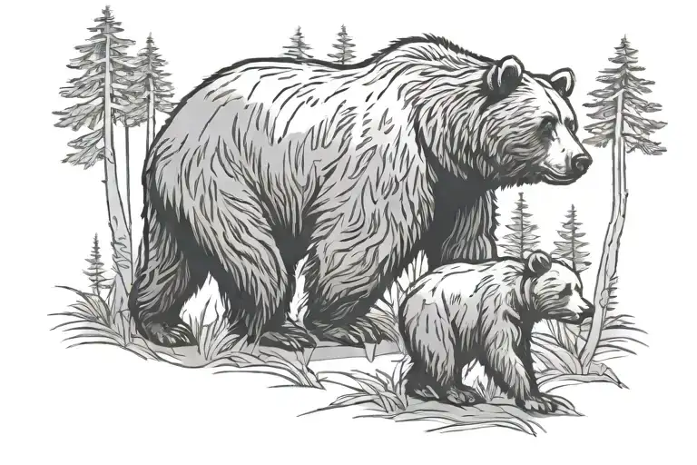 bear with its cub walking through a forest scene tattoo design idea