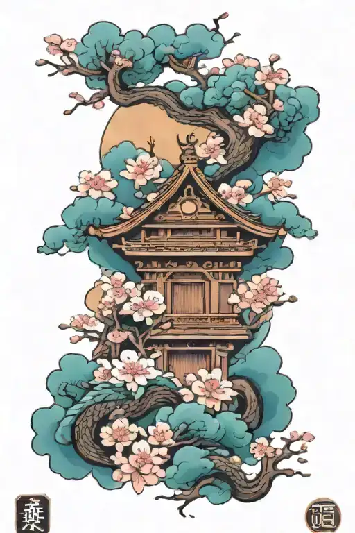 upper arm half sleeve tattoo,colored  japanese temple surrounded by dragon wrapped and blossom tree tattoo design idea