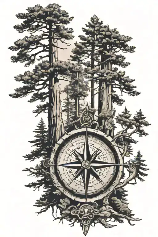 redwood trees with compass surrounded tattoo design idea